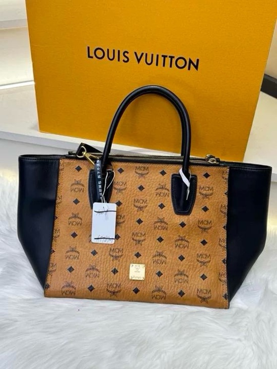 MCM Handbags - MCM Cognac Visetos Tote with Black Leather Trim